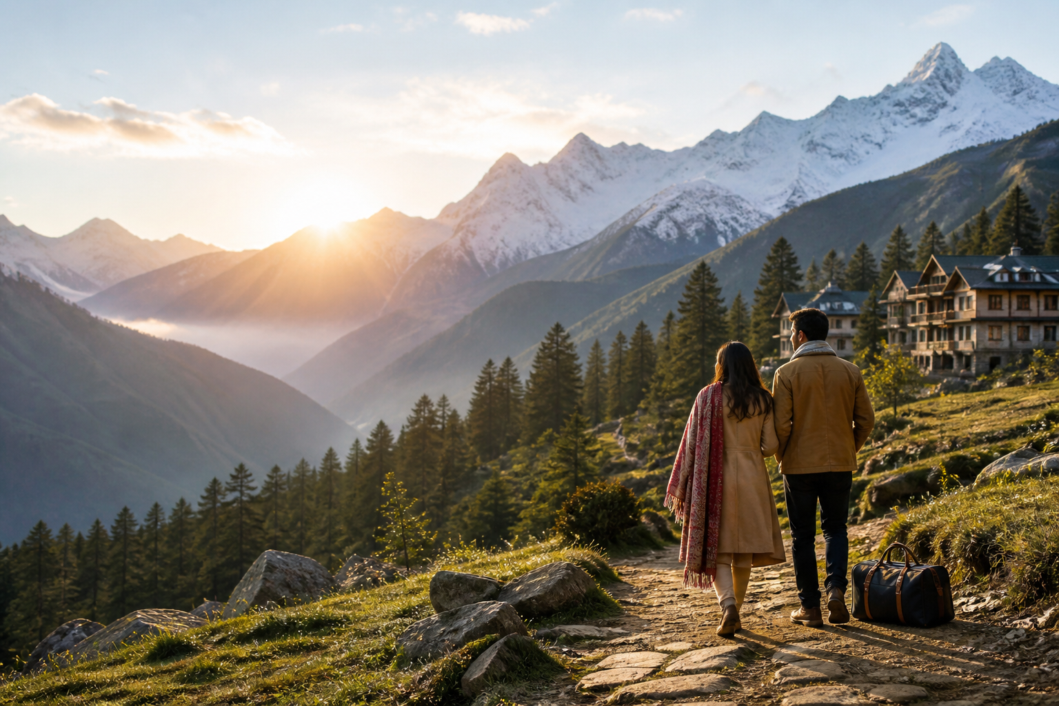 Couple exploring a beautiful Himalayan mountain retreat