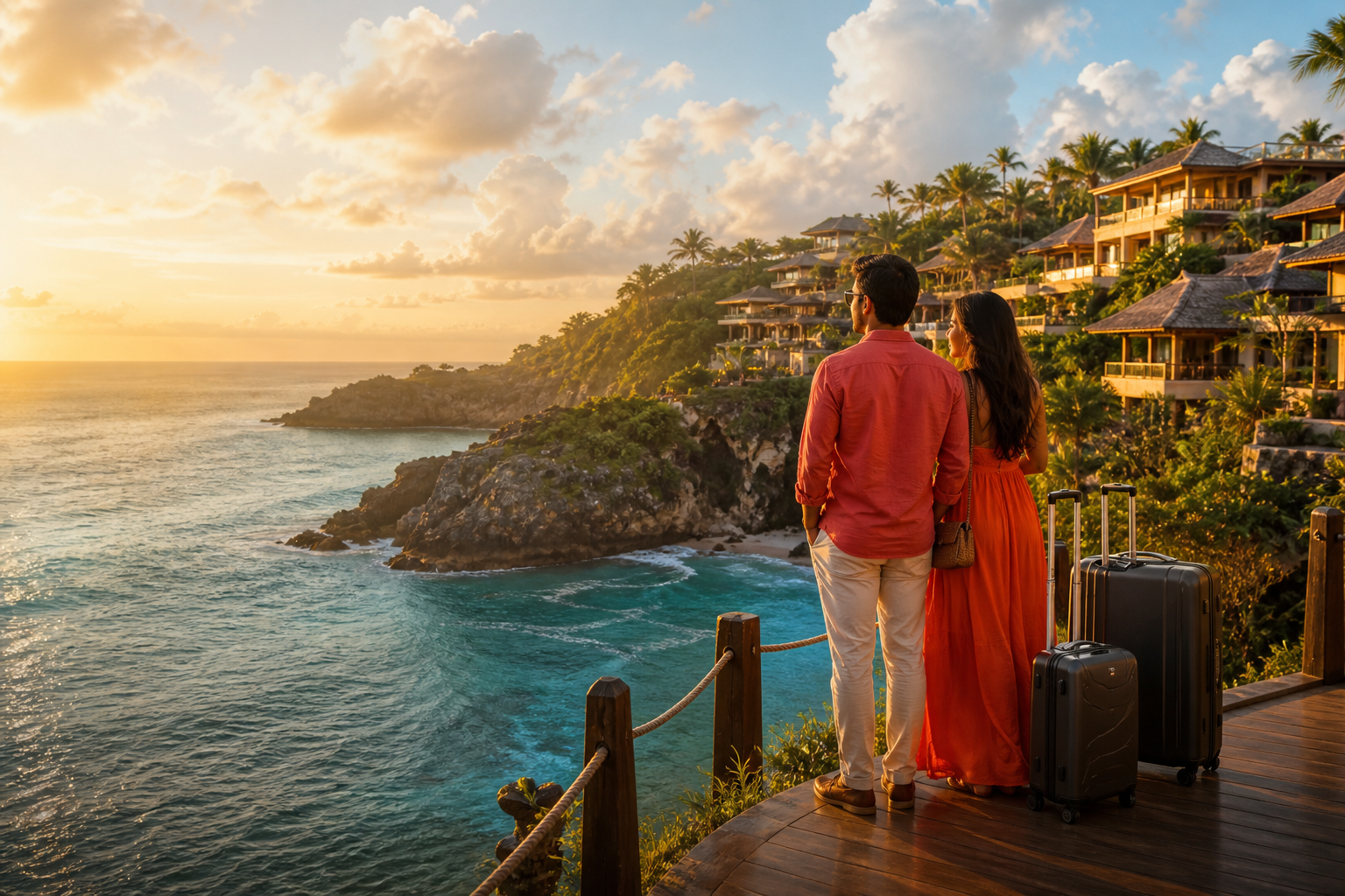 Couple enjoying a premium tropical holiday overlooking the coast